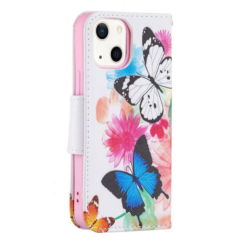 Flip Cover Til iPhone 13 Mini Malede Sommerfugle Og Blomster