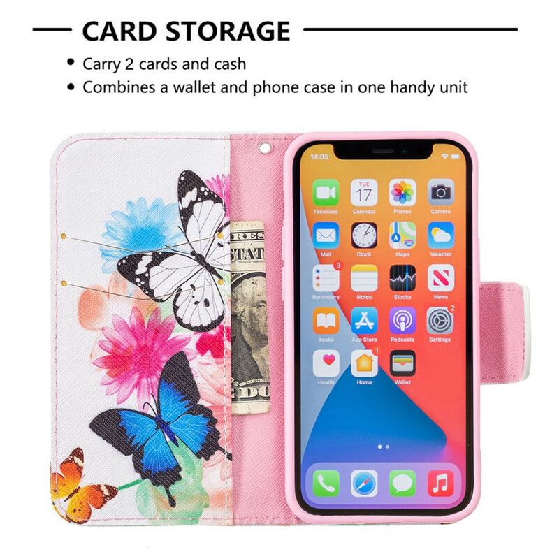 Flip Cover Til iPhone 13 Mini Malede Sommerfugle Og Blomster