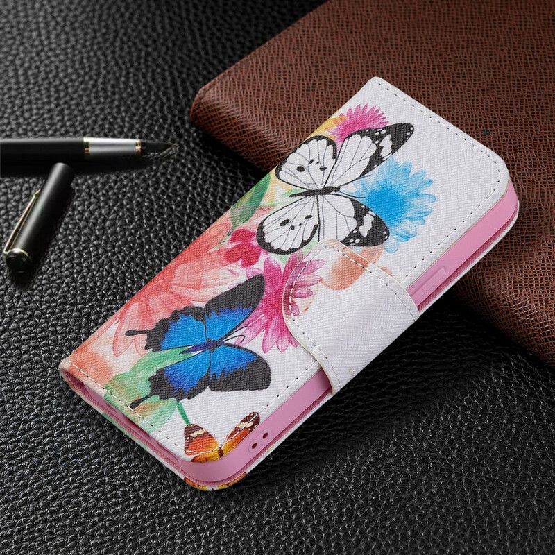 Flip Cover Til iPhone 13 Mini Malede Sommerfugle Og Blomster