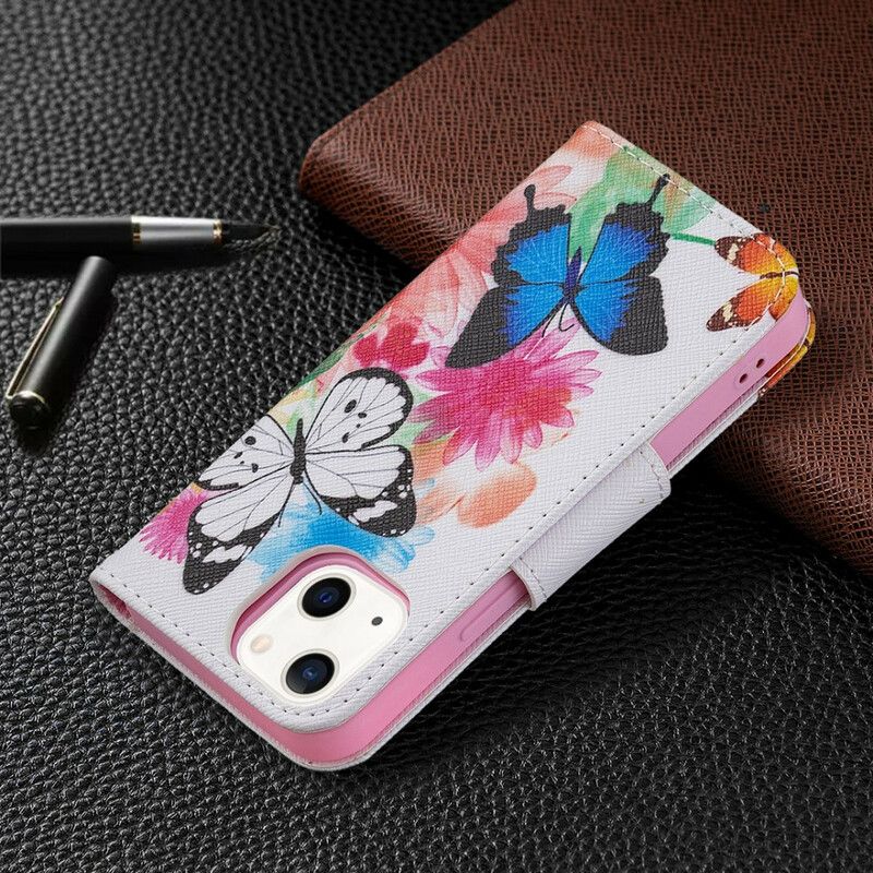 Flip Cover Til iPhone 13 Mini Malede Sommerfugle Og Blomster