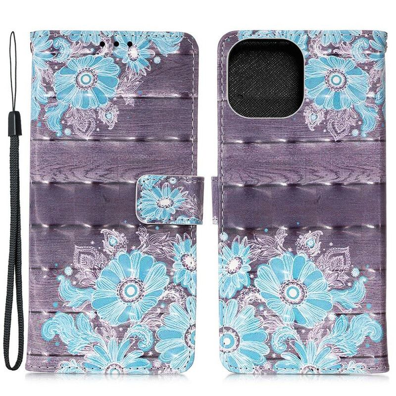 Læder Cover iPhone 13 Mini Telefon Etui Blå Blomster