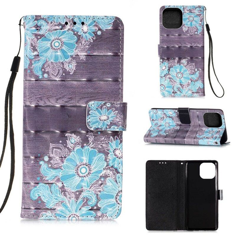 Læder Cover iPhone 13 Mini Telefon Etui Blå Blomster