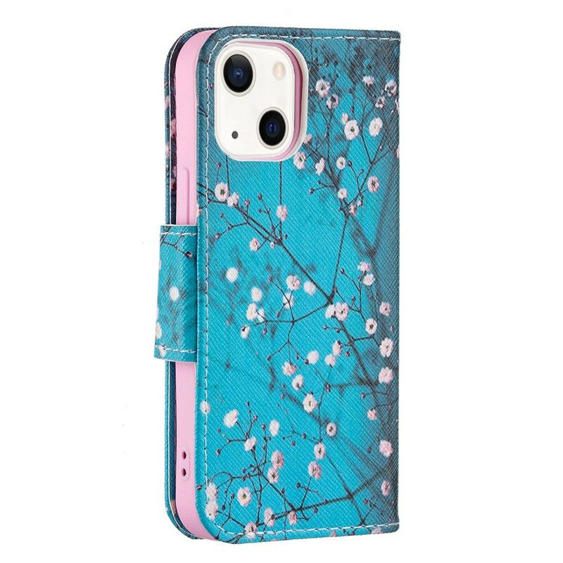 Læder Cover iPhone 13 Mini Telefon Etui Blomstrende Gren