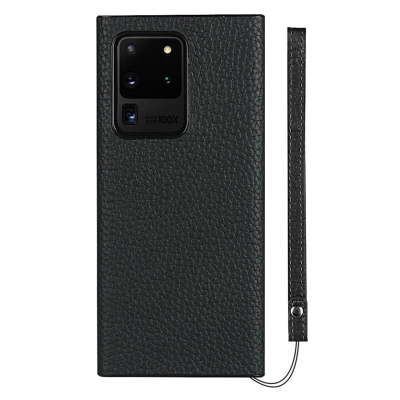 Cover for Samsung Galaxy S20 Ultra Sort Ægte Lychee Læder Med Rem