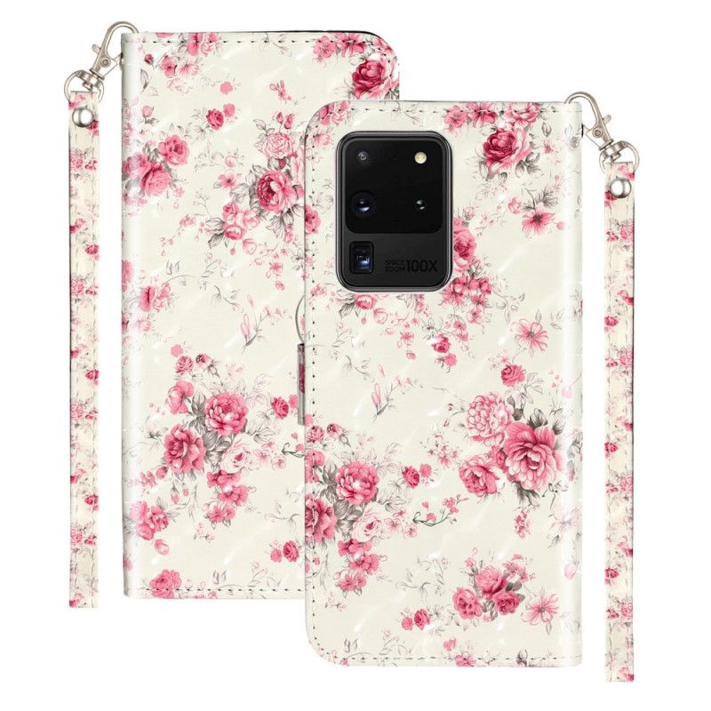 Flip Cover Læder for Samsung Galaxy S20 Ultra Blomster Lyse Pletter Med Rem