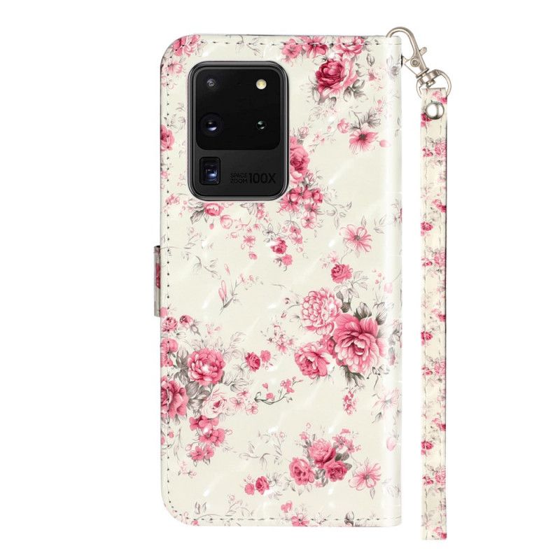 Flip Cover Læder for Samsung Galaxy S20 Ultra Blomster Lyse Pletter Med Rem