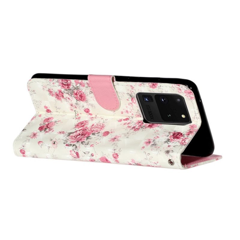 Flip Cover Læder for Samsung Galaxy S20 Ultra Blomster Lyse Pletter Med Rem