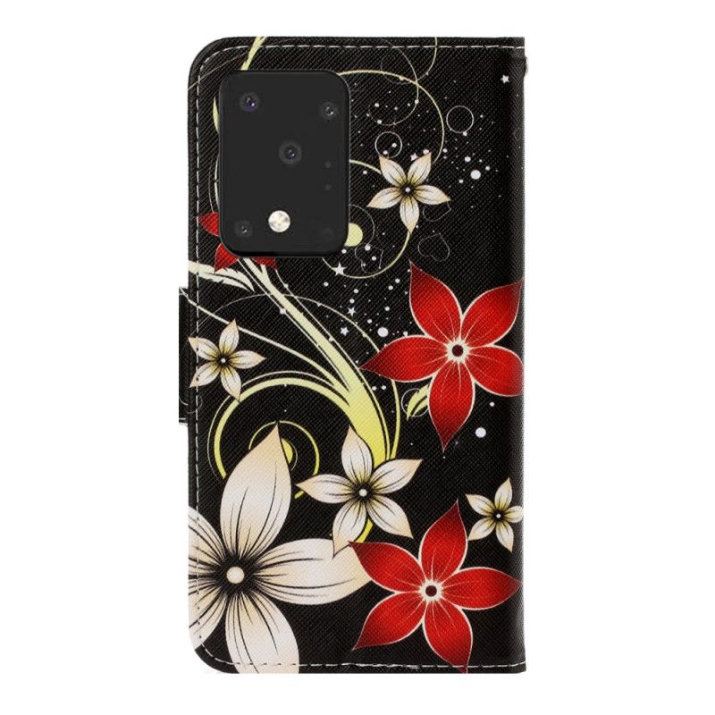 Flip Cover Læder for Samsung Galaxy S20 Ultra Farverige Blomster Med Rem