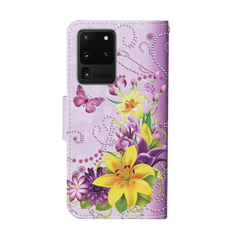 Flip Cover Læder for Samsung Galaxy S20 Ultra Magenta Mesterlige Blomster Med Rem