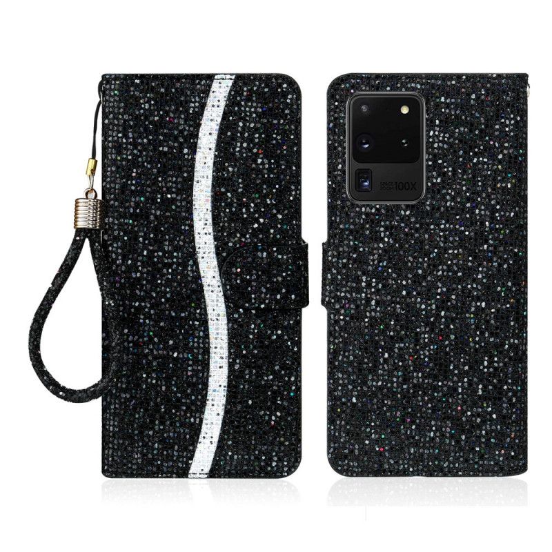 Flip Cover Læder for Samsung Galaxy S20 Ultra Sort Glitter Design