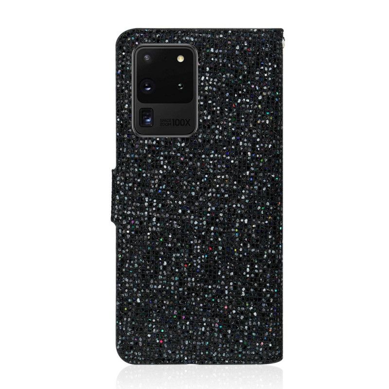 Flip Cover Læder for Samsung Galaxy S20 Ultra Sort Glitter Design