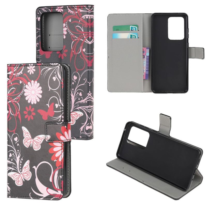 Flip Cover Læder Samsung Galaxy S20 Ultra Hvid Sommerfugle Og Blomster