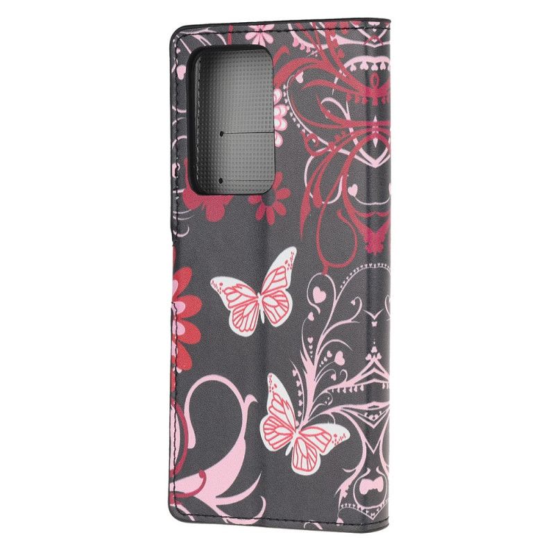 Flip Cover Læder Samsung Galaxy S20 Ultra Hvid Sommerfugle Og Blomster