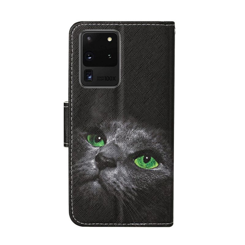 Flip Cover Læder Samsung Galaxy S20 Ultra Kat Med Grønne Øjne Med Rem Original