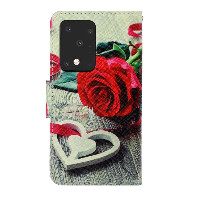 Flip Cover Læder Samsung Galaxy S20 Ultra Romantisk Rose Med Rem