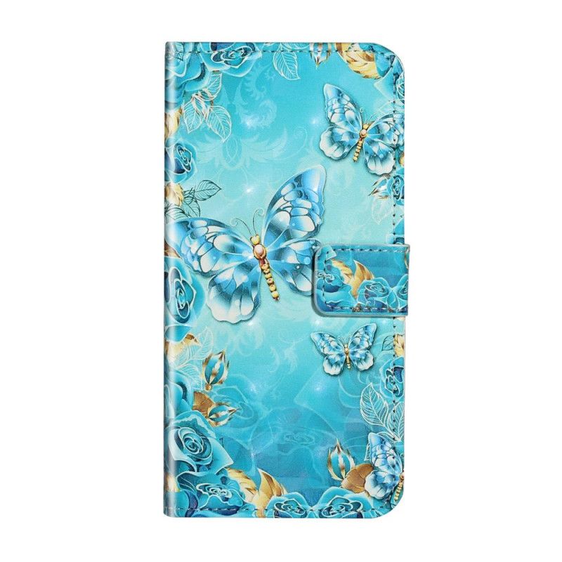 Flip Cover Læder Samsung Galaxy S20 Ultra Sommerfugle Og Blomster På En Blå Baggrund Beskyttelse