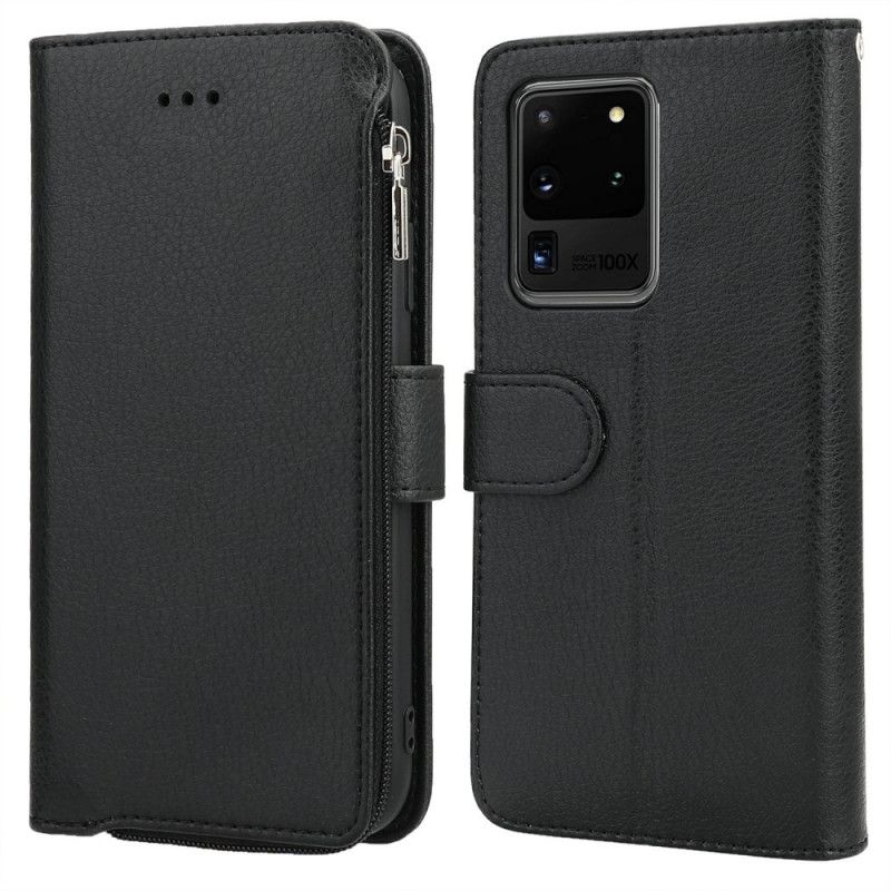 Flip Cover Samsung Galaxy S20 Ultra Sort Mikrofibre I Læderstil Med Lomme Med Lynlås