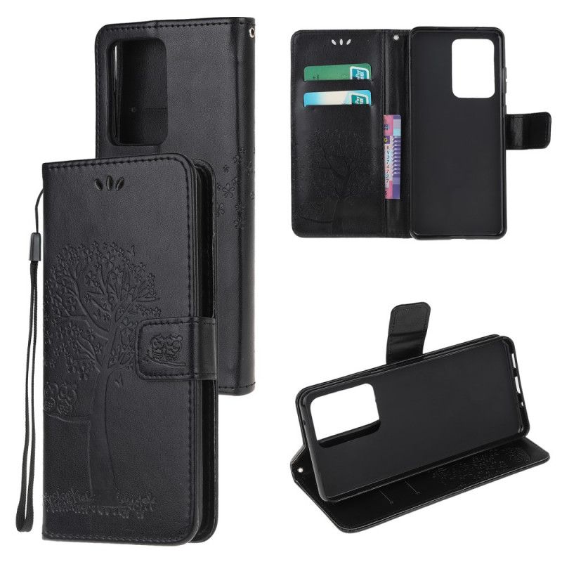 Flip Cover Samsung Galaxy S20 Ultra Sort Mobilcover Træ- Og Rem-Ugler