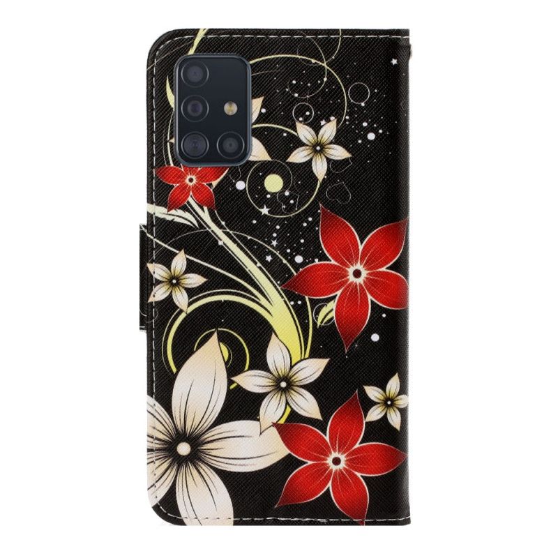 Flip Cover Læder Samsung Galaxy A71 Sort Farverige Blomster Med En Rem Original