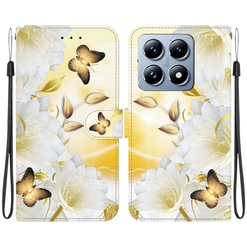 Flip Cover Til Xiaomi 14t Pro Gyldne Sommerfugle Og Hvide Blomster