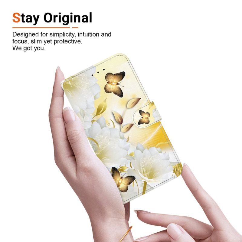 Flip Cover Til Xiaomi 14t Pro Gyldne Sommerfugle Og Hvide Blomster