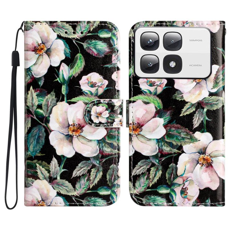 Læder Cover Xiaomi 14t Pro Telefon Etui Magnolia Mønster