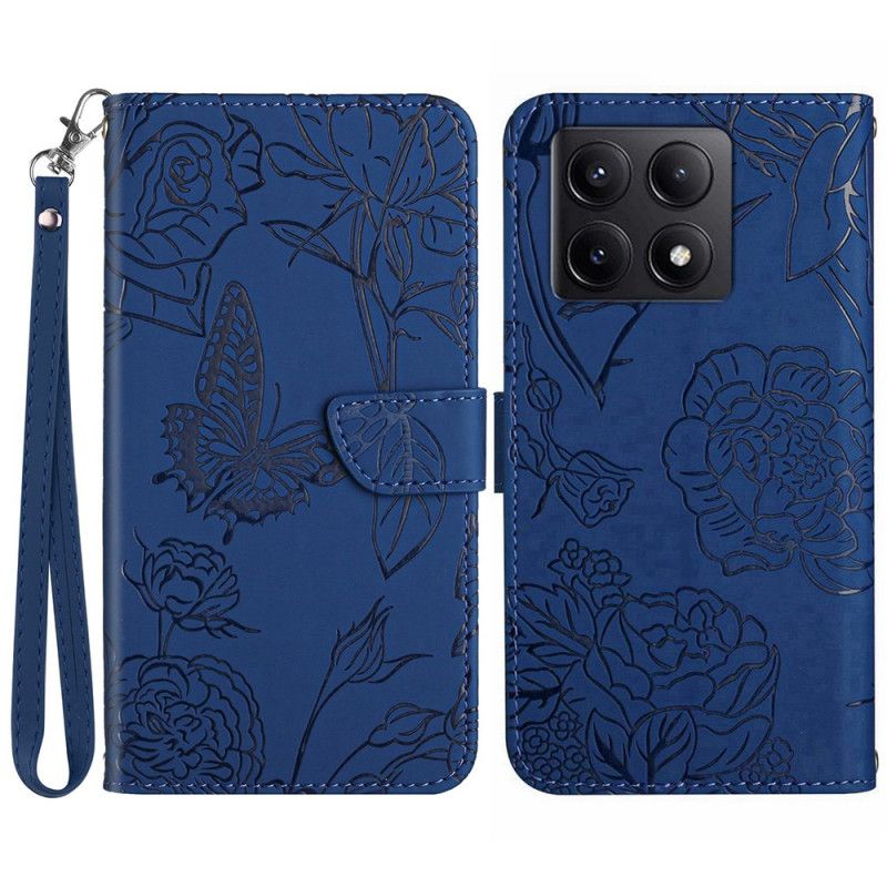 Læder Cover Xiaomi 14t Pro Telefon Etui Sommerfugle Og Blomster Mønster Med Rem