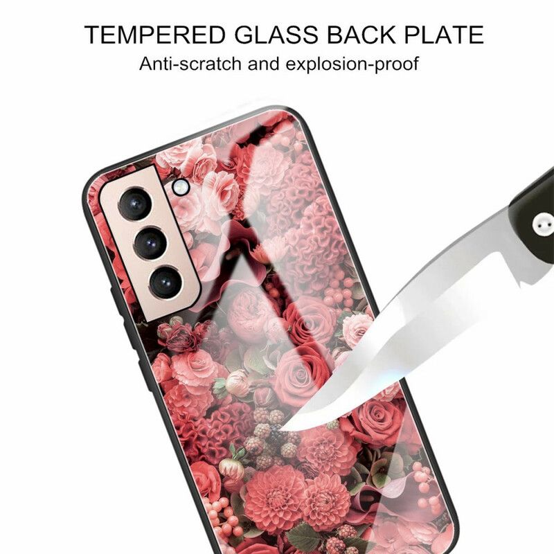 Cover Samsung Galaxy S21 Fe Lyserøde Blomster Af Hærdet Glas