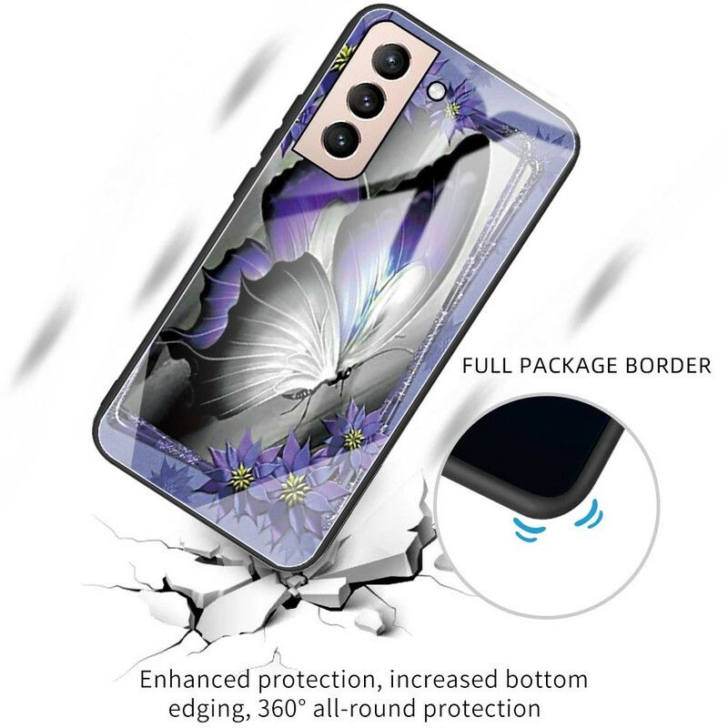 Cover Samsung Galaxy S21 Fe Telefon Etui Lilla Sommerfugl Hærdet Glas