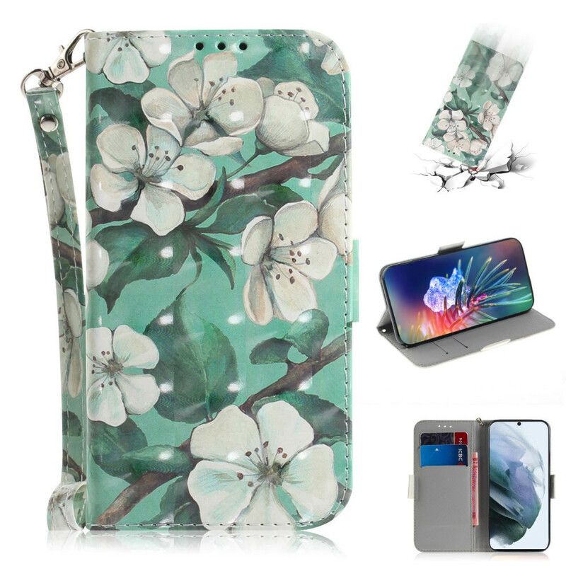 Flip Cover Samsung Galaxy S21 Fe Blomstrende Gren Med Rem