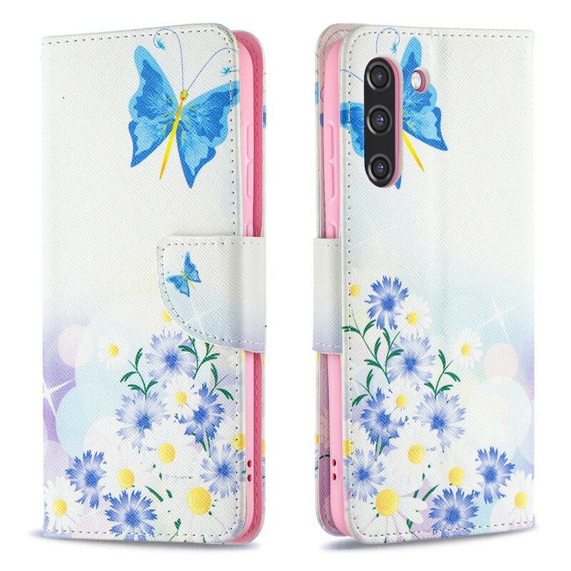 Flip Cover Samsung Galaxy S21 Fe Malede Sommerfugle Og Blomster