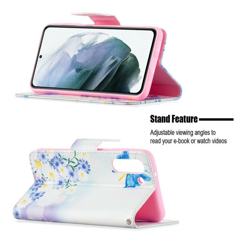 Flip Cover Samsung Galaxy S21 Fe Malede Sommerfugle Og Blomster