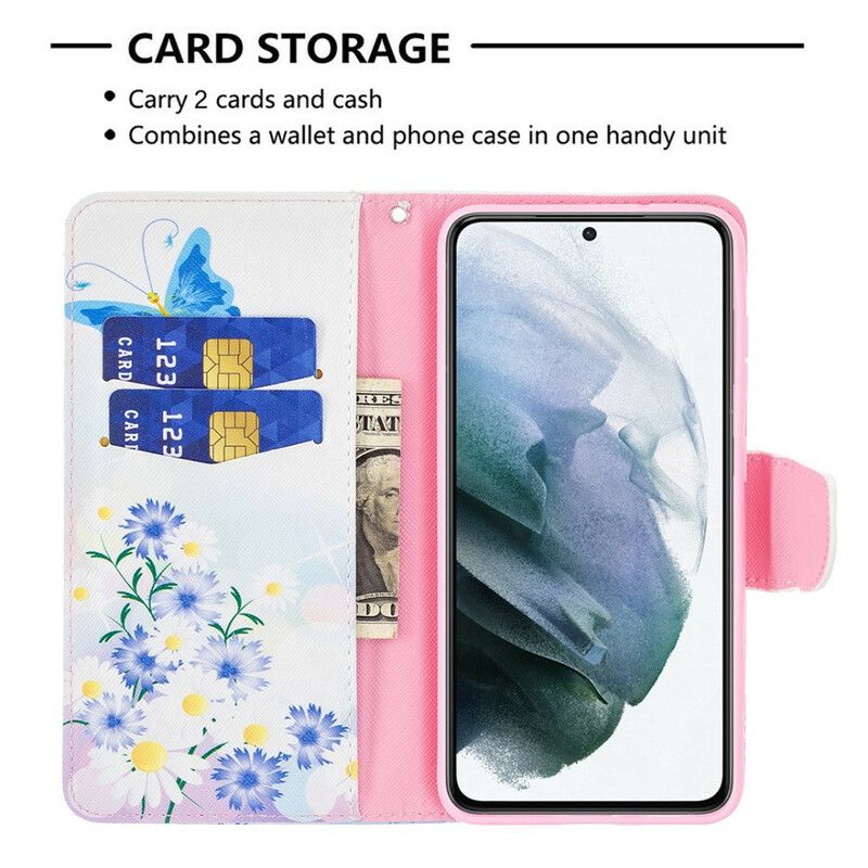 Flip Cover Samsung Galaxy S21 Fe Malede Sommerfugle Og Blomster