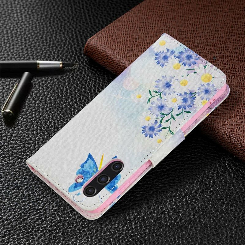 Flip Cover Samsung Galaxy S21 Fe Malede Sommerfugle Og Blomster