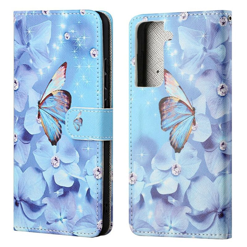 Læder Cover Samsung Galaxy S21 Fe Diamond Strappy Sommerfugle