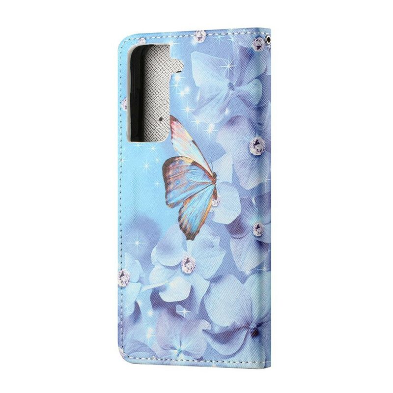 Læder Cover Samsung Galaxy S21 Fe Diamond Strappy Sommerfugle