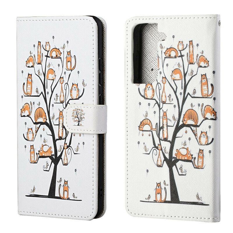 Læder Cover Samsung Galaxy S21 Fe Telefon Etui Funky Cats Strappy