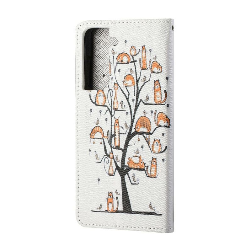 Læder Cover Samsung Galaxy S21 Fe Telefon Etui Funky Cats Strappy