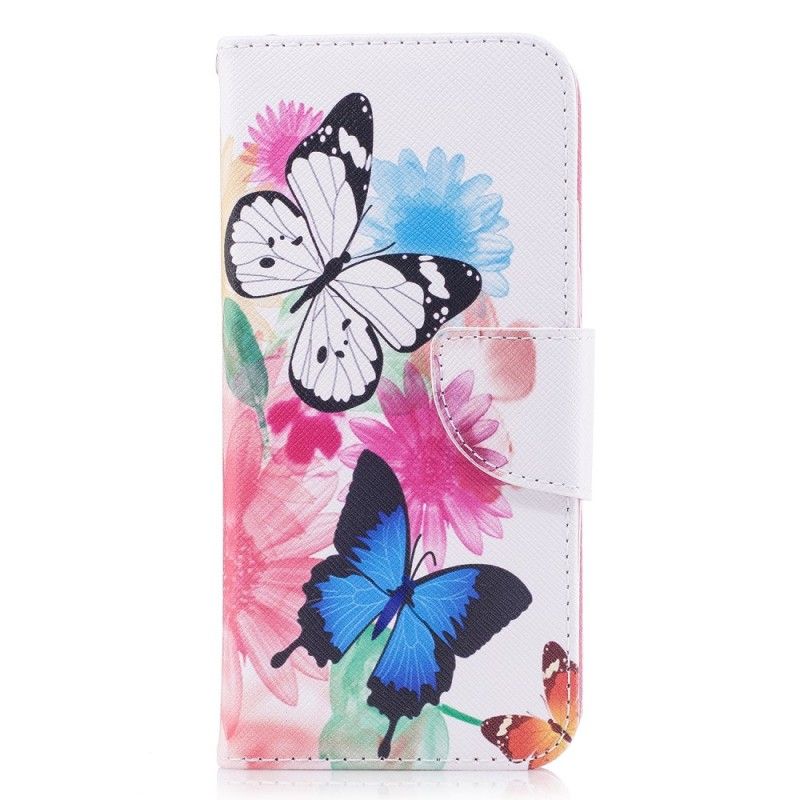 Flip Cover Læder for Samsung Galaxy A8 Lyseblå Malede Sommerfugle Og Blomster