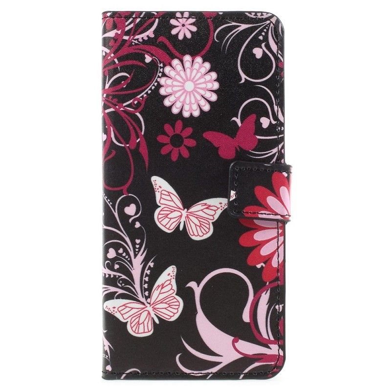 Flip Cover Læder for Samsung Galaxy A8 Sort Sommerfugle Og Blomster