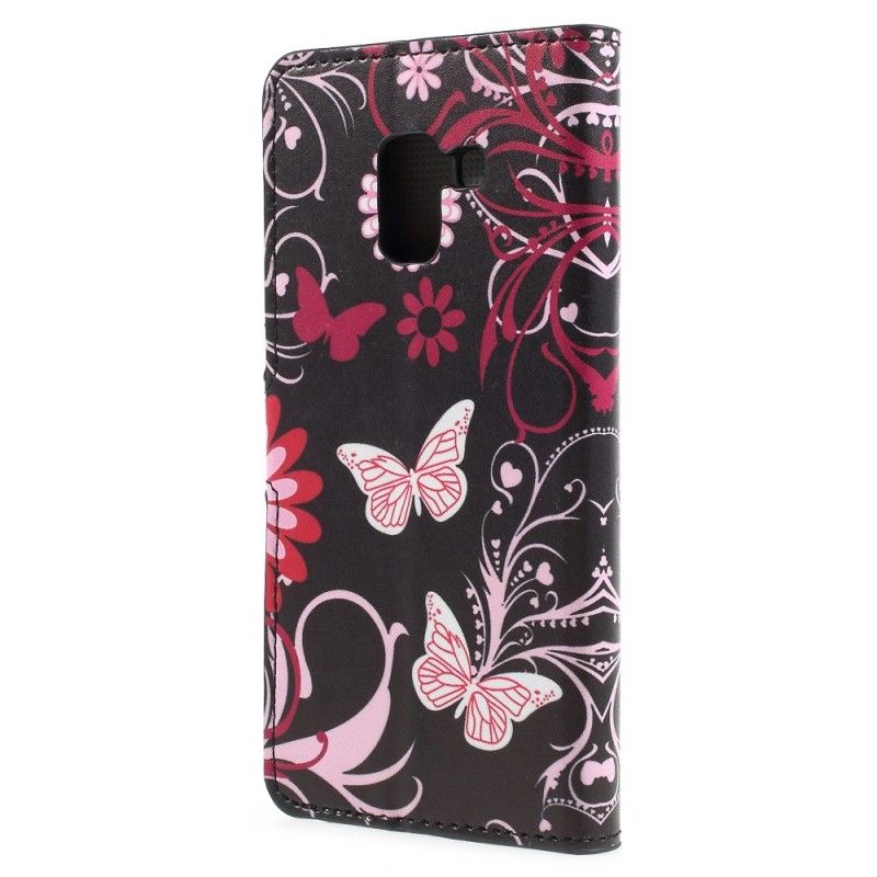 Flip Cover Læder for Samsung Galaxy A8 Sort Sommerfugle Og Blomster