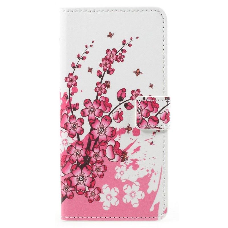 Flip Cover Læder Samsung Galaxy A8 Magenta Tropiske Blomster