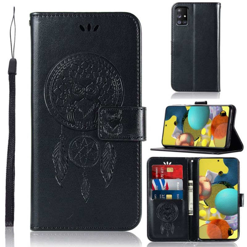 Flip Cover Læder Samsung Galaxy A51 5G Sort Dreamcatcher Af Ugle I Lædereffekt