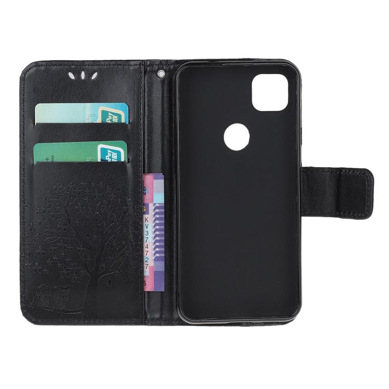 Flip Cover Google Pixel 4a Sort Træ- Og Rem-Ugler