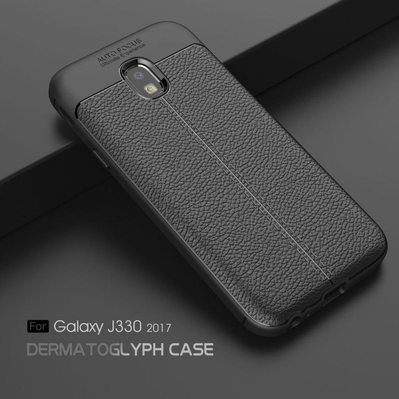 Cover Samsung Galaxy J3 2017 Mørkeblå Dobbeltlinjet Lychee-Lædereffekt