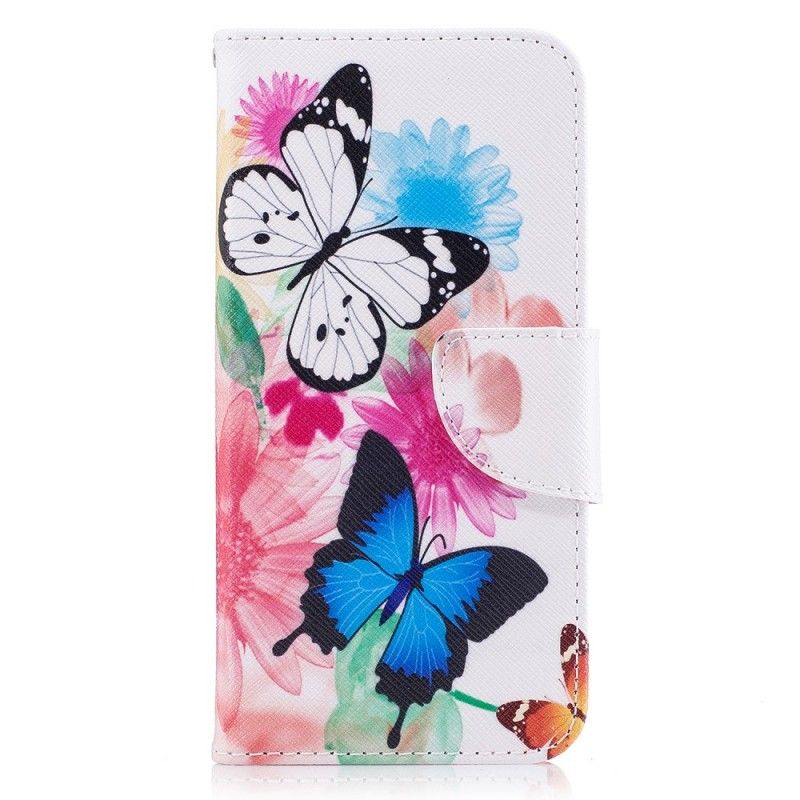 Flip Cover Læder Samsung Galaxy J3 2017 Pink Malede Sommerfugle Og Blomster