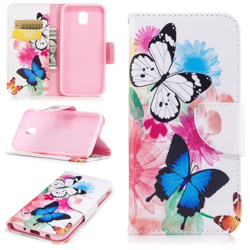 Flip Cover Læder Samsung Galaxy J3 2017 Pink Malede Sommerfugle Og Blomster