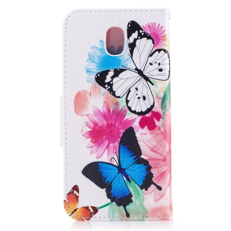 Flip Cover Læder Samsung Galaxy J3 2017 Pink Malede Sommerfugle Og Blomster