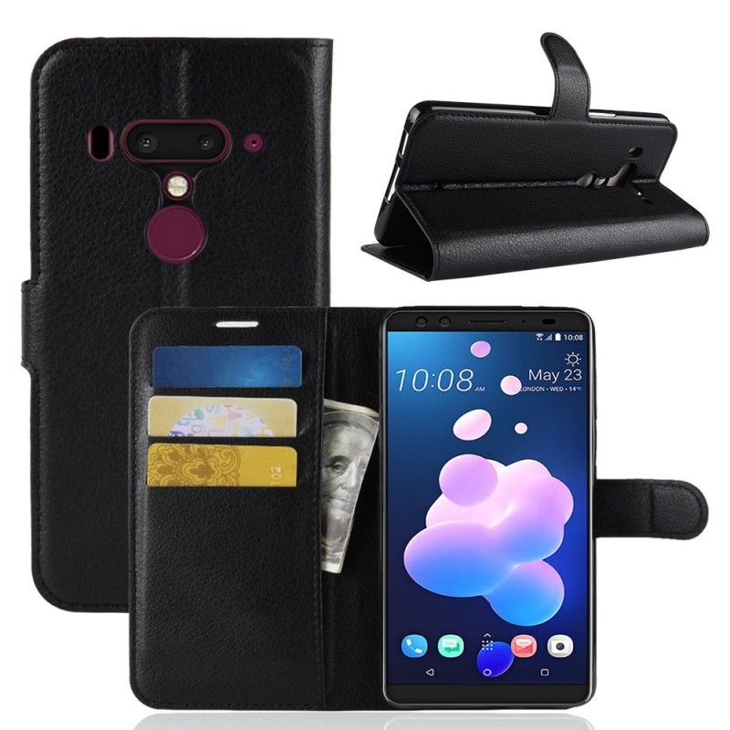 Flip Cover Læder HTC U12 Plus Sort Lychee-Lædereffekt Original