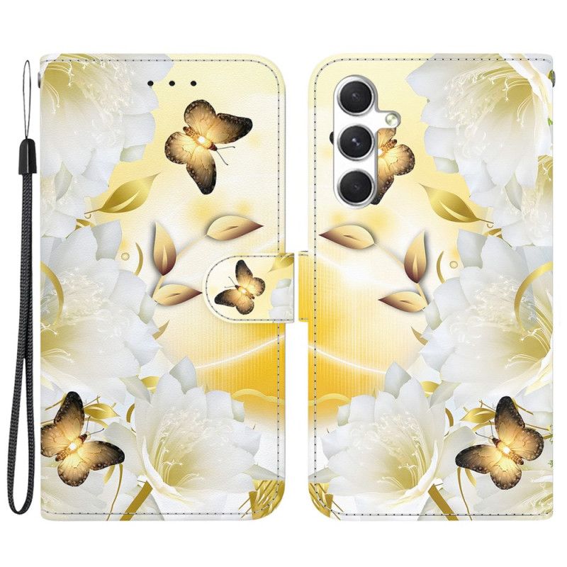 Flip Cover Samsung Galaxy S24 5g Gylden Sommerfugl Og Blomster Med Rem